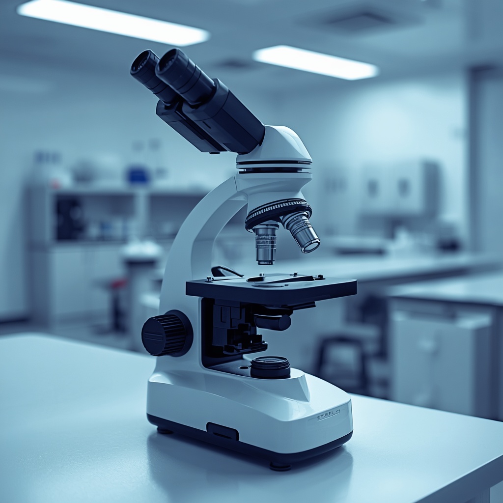 generate an image of a high tech medical microscope in a laboratory, clean lighting, no humans